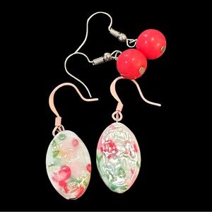 Ceramic or Glass Earrings Floral Accents Two Pair Earrings Solid Pink